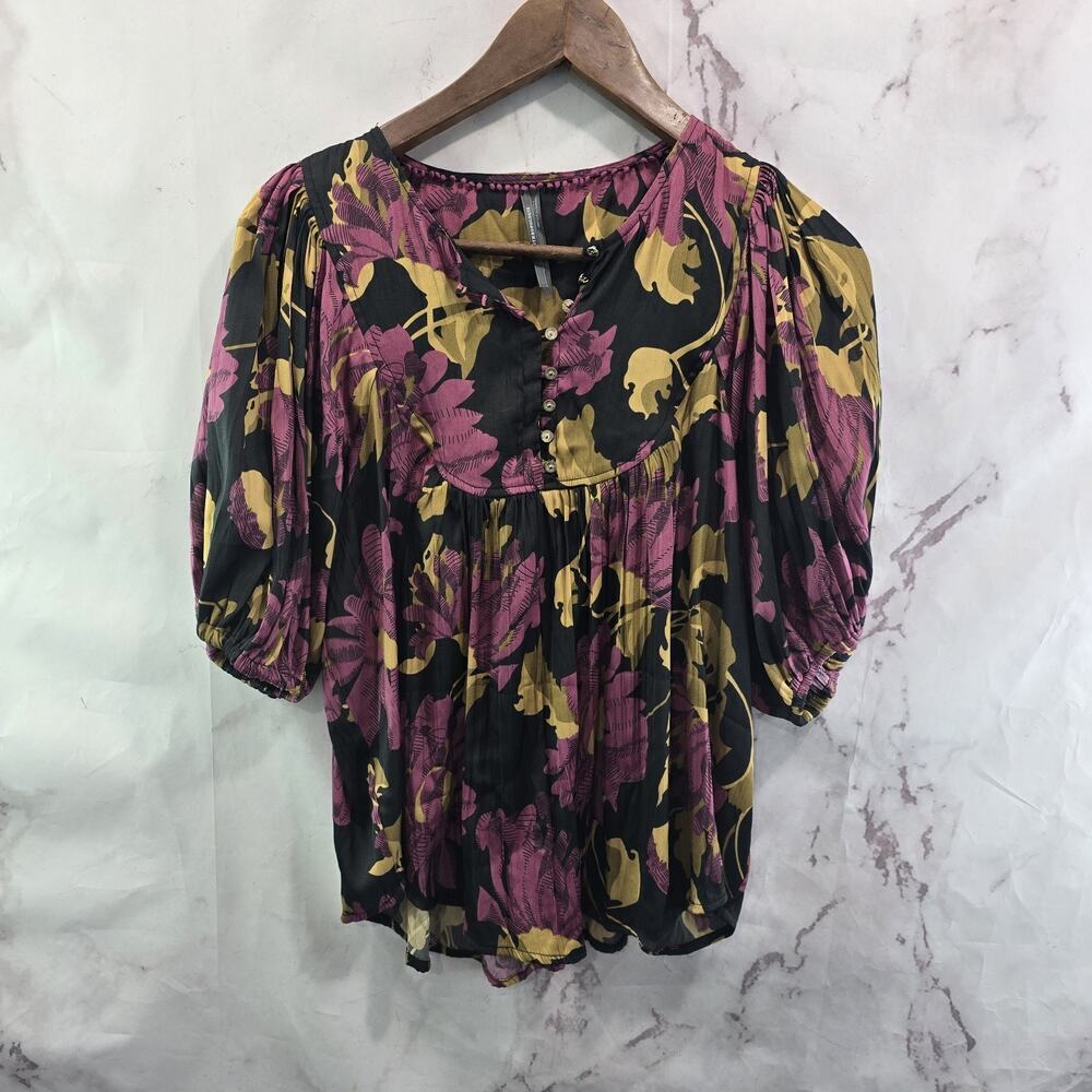By Anthropologie Shirt Women Small Blouse Black Pink Yellow Floral Popover Satin
